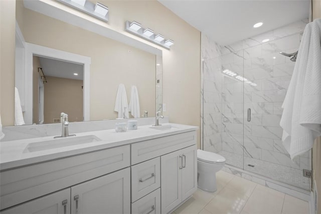 1223 Center Ave, West View, PA 15229 - bathroom with double vanity, toilet, a marble finish shower, and a sink