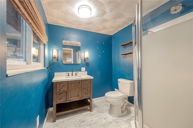 159 Mardi Gras Dr, Plum Boro, PA 15239 - bathroom with baseboards, toilet, marble finish floor, and vanity