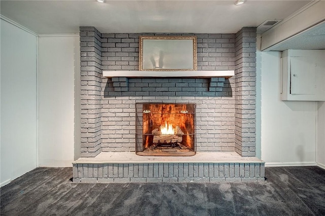 159 Mardi Gras Dr, Plum Boro, PA 15239 - details featuring electric panel, carpet floors, and a fireplace
