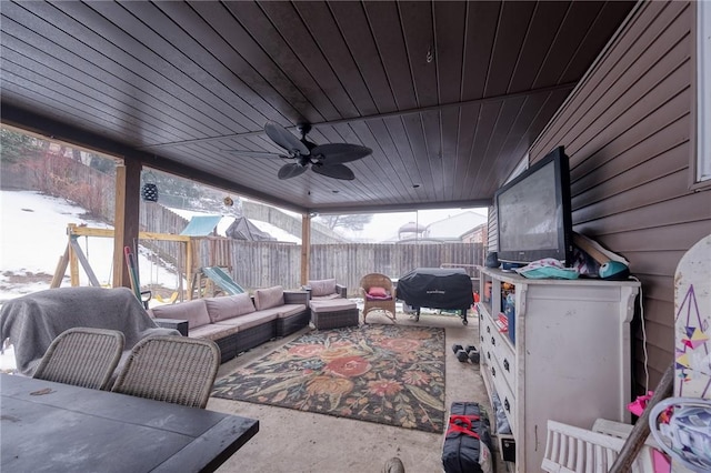 159 Mardi Gras Dr, Plum Boro, PA 15239 - view of patio with a playground, ceiling fan, outdoor lounge area, a fenced backyard, and a grill