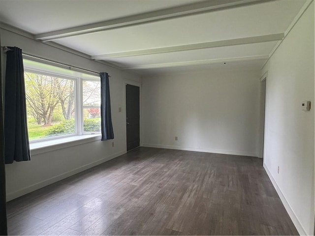 unfurnished room featuring beamed ceiling, dark wood finished floors, and baseboards