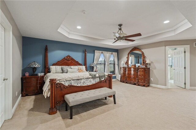 123 Windermere Ct, Peters Twp, PA 15317 - carpeted bedroom with a raised ceiling, baseboards, recessed lighting, ceiling fan, and ensuite bath
