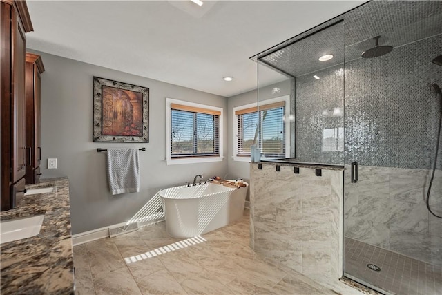 123 Windermere Ct, Peters Twp, PA 15317 - bathroom with a shower stall, a freestanding tub, double vanity, and baseboards