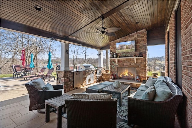 123 Windermere Ct, Peters Twp, PA 15317 - view of patio with an outdoor living space with a fireplace and a ceiling fan