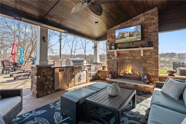 123 Windermere Ct, Peters Twp, PA 15317 - view of patio with an outdoor living space with a fireplace, area for grilling, and a ceiling fan