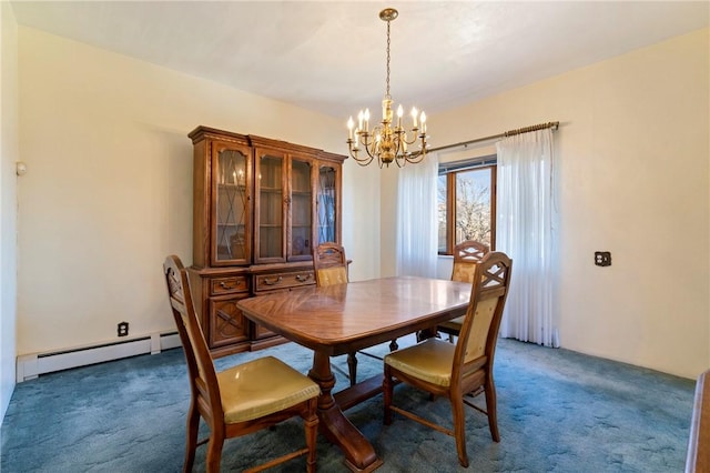 dining room featuring a chandelier, a baseboard heating unit, and carpet floors