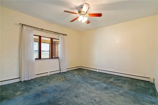 empty room with dark carpet and a ceiling fan