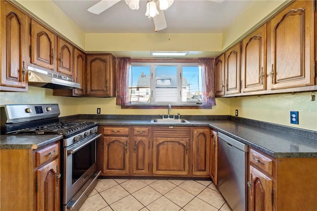 1002 Fordham Ave, Brookline, PA 15226 - kitchen with stainless steel appliances, under cabinet range hood, brown cabinets, dark countertops, and a sink