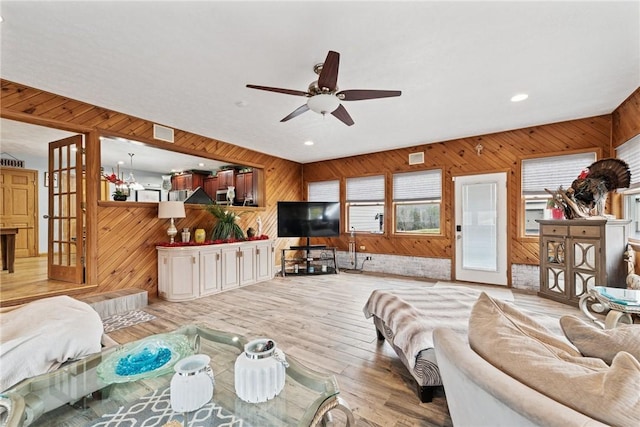 19 Misty Meadows Ln, Menallen Twp, PA 15401 - living area featuring wood walls, ceiling fan, light wood finished floors, and recessed lighting