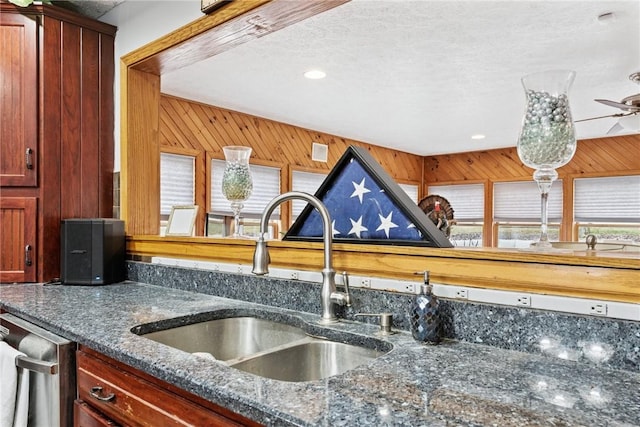 19 Misty Meadows Ln, Menallen Twp, PA 15401 - kitchen with dishwasher, plenty of natural light, a textured ceiling, dark stone countertops, and ceiling fan