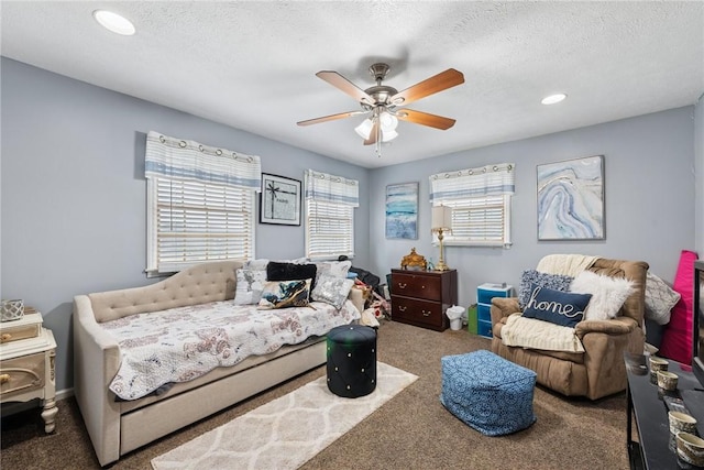 19 Misty Meadows Ln, Menallen Twp, PA 15401 - living area featuring carpet floors, ceiling fan, recessed lighting, and a textured ceiling