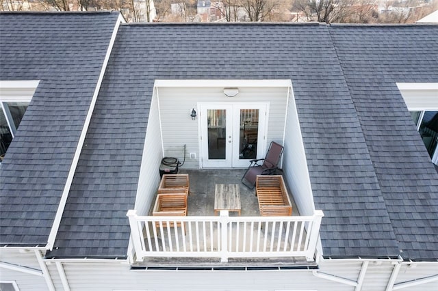 2802 Jane St, South Side, PA 15203 - view of exterior entry with french doors, a shingled roof, and a deck