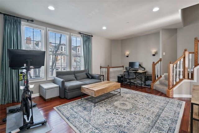 2802 Jane St, South Side, PA 15203 - living room featuring plenty of natural light, wood finished floors, baseboards, recessed lighting, and stairs