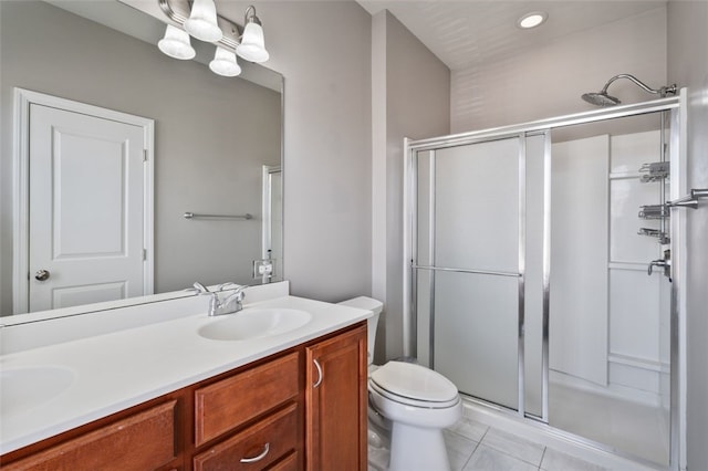 2802 Jane St, South Side, PA 15203 - bathroom featuring a shower stall, double vanity, toilet, tile patterned floors, and recessed lighting