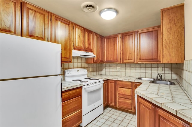 5841 Morrowfield Ave Unit 104, Squirrel Hill, PA 15217 - kitchen with white appliances, under cabinet range hood, backsplash, a sink, and tile countertops