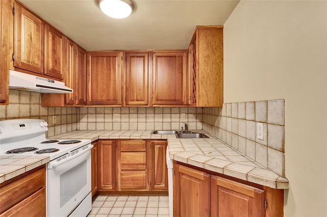 5841 Morrowfield Ave Unit 104, Squirrel Hill, PA 15217 - kitchen with a sink, white electric range, under cabinet range hood, tile countertops, and decorative backsplash