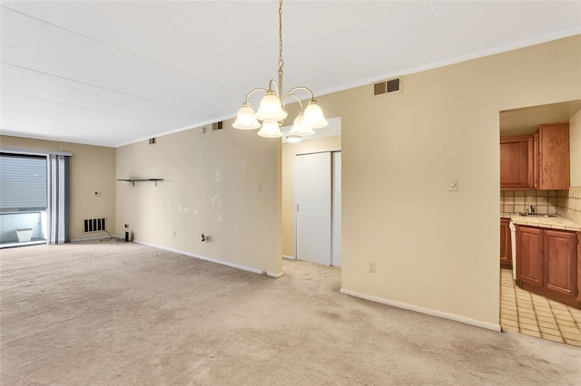 5841 Morrowfield Ave Unit 104, Squirrel Hill, PA 15217 - unfurnished living room featuring visible vents, a chandelier, crown molding, and light colored carpet
