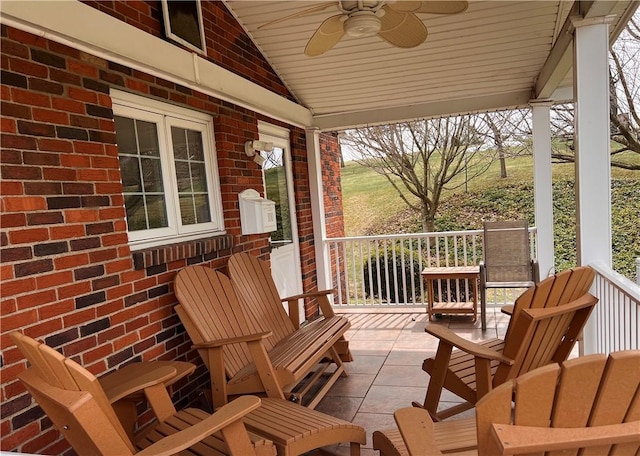view of patio with a porch and ceiling fan