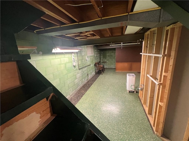 unfinished basement featuring concrete block wall