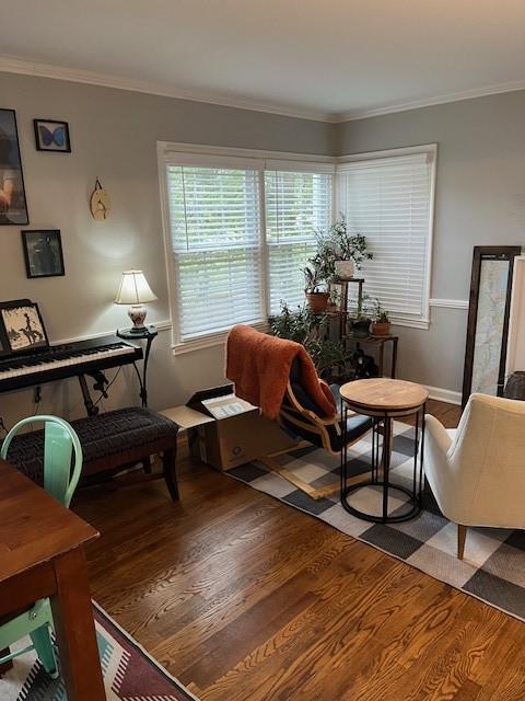 111 Mckenney Dr, Brighton Twp, PA 15009 - living area with baseboards, ornamental molding, and wood finished floors