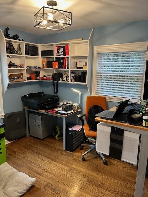 111 Mckenney Dr, Brighton Twp, PA 15009 - office area featuring wood finished floors and a chandelier