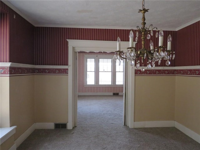 437 Shady Ave, Charleroi Boro, PA 15022 - interior space with a chandelier, visible vents, baseboards, ornamental molding, and carpet