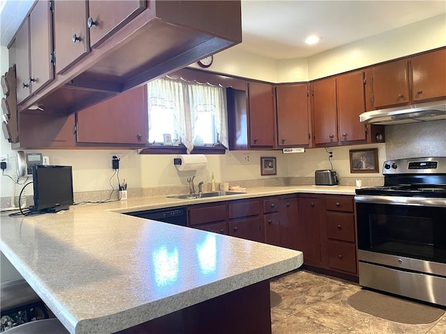 kitchen featuring a peninsula, light countertops, stainless steel electric range, under cabinet range hood, and a sink