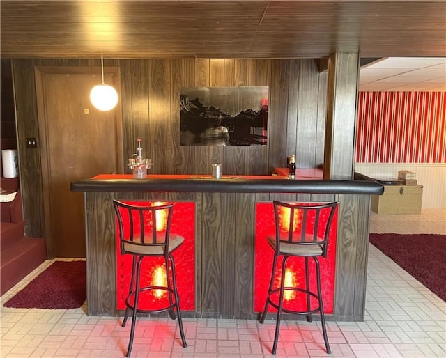 bar featuring wooden walls, a dry bar, and brick floor