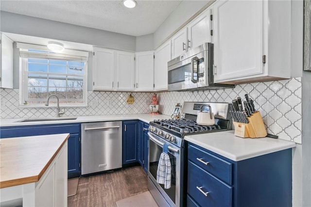 145 Brighton Ln, Adams Twp, PA 16046 - kitchen featuring appliances with stainless steel finishes, blue cabinetry, a sink, and dark wood finished floors