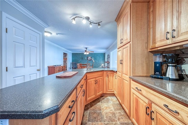 kitchen featuring a sink, ornamental molding, a ceiling fan, dark countertops, and a peninsula