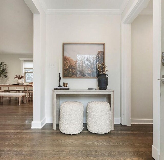 room details featuring ornamental molding, baseboards, and wood finished floors