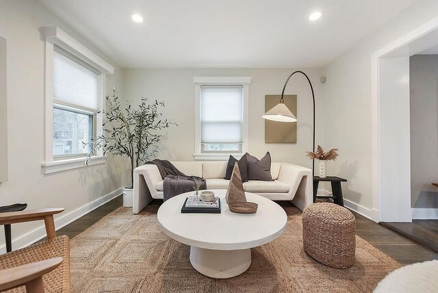 living room with baseboards, wood finished floors, and recessed lighting