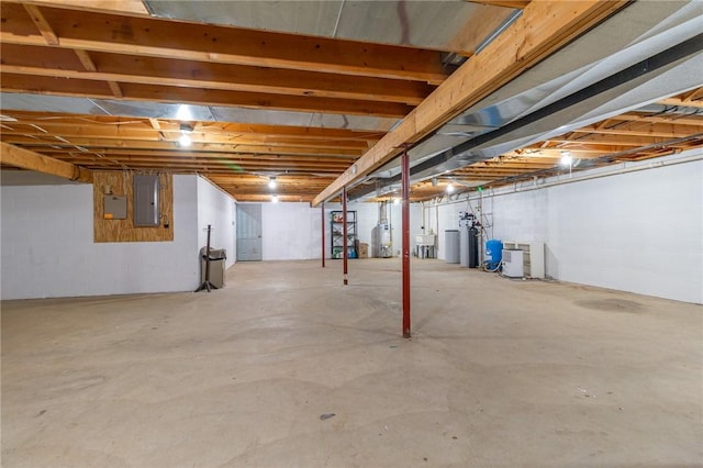 unfinished below grade area with water heater and electric panel