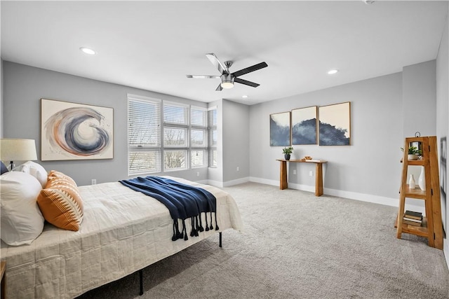 bedroom featuring baseboards, recessed lighting, ceiling fan, and carpet