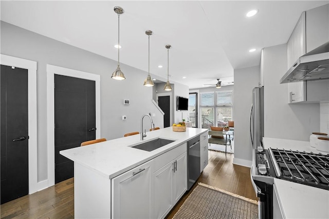 kitchen featuring appliances with stainless steel finishes, dark wood-style floors, ceiling fan, and a sink