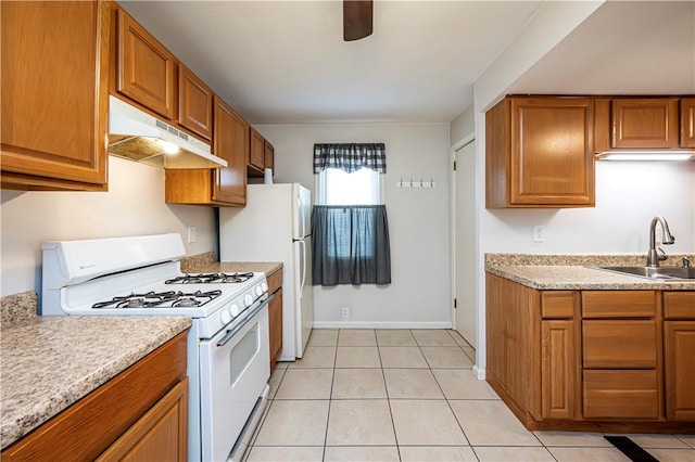 719 Zimmerman St, Jeannette, PA 15644 - kitchen featuring white appliances, under cabinet range hood, light tile patterned flooring, and brown cabinetry