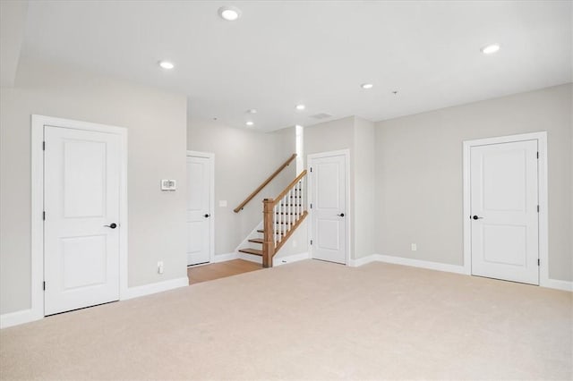 111 Quail Run Rd Unit 1, Peters Twp, PA 15367 - basement featuring light carpet, stairway, recessed lighting, and baseboards