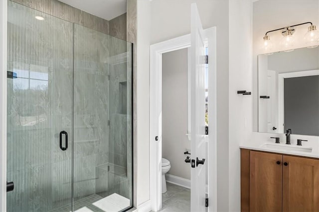 111 Quail Run Rd Unit 1, Peters Twp, PA 15367 - bathroom with toilet, vanity, a stall shower, and baseboards
