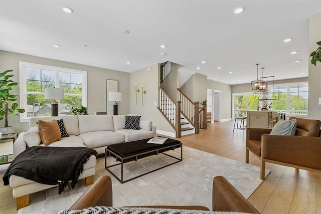 111 Quail Run Rd Unit 1, Peters Twp, PA 15367 - living room with stairway, light wood-style floors, recessed lighting, and baseboards