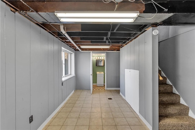 614 Tartan Dr, Monroeville, PA 15146 - below grade area with stairs and light tile patterned floors