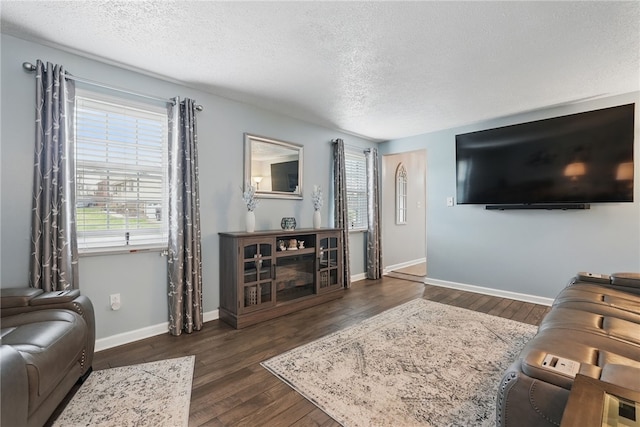 living area featuring baseboards, dark wood-style floors, a wealth of natural light, and a textured ceiling