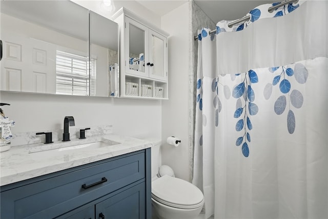 bathroom featuring toilet, vanity, and curtained shower
