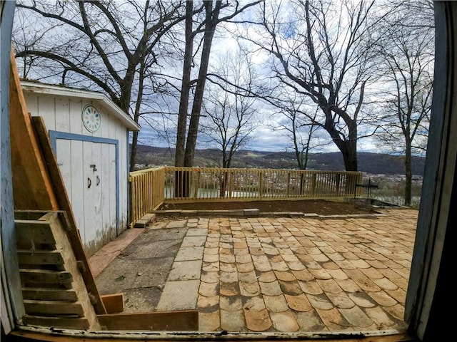 418 Pine Hill Rd, W Kittanning Boro, PA 16201 - view of patio / terrace with a mountain view, an outbuilding, and a storage unit