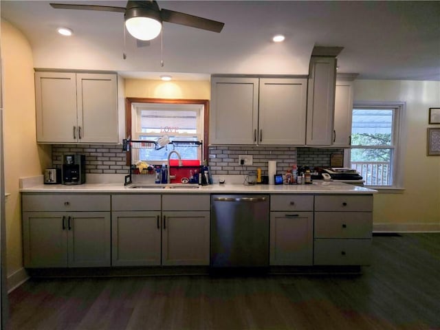 418 Pine Hill Rd, W Kittanning Boro, PA 16201 - kitchen featuring tasteful backsplash, dishwasher, dark wood-style flooring, and a sink