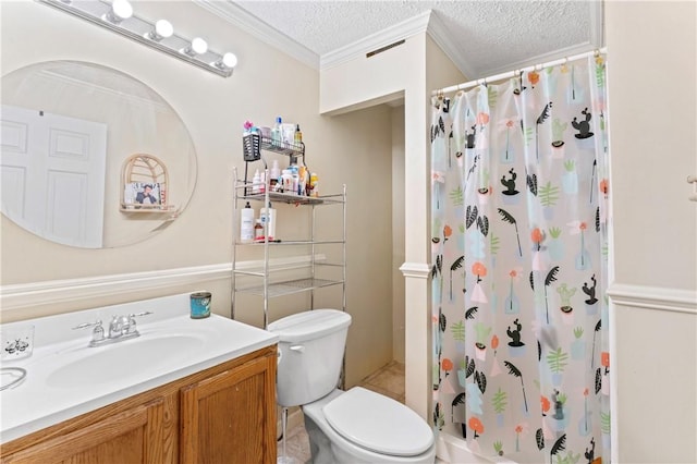 505 Luke Ct, Cranberry Twp, PA 16066 - full bath with vanity, toilet, curtained shower, a textured ceiling, and crown molding