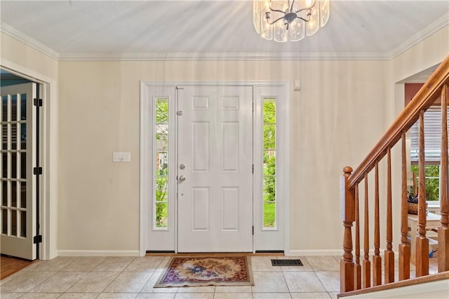505 Luke Ct, Cranberry Twp, PA 16066 - foyer with light tile patterned floors, a chandelier, stairs, baseboards, and ornamental molding