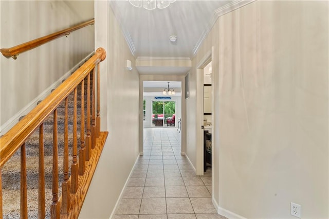 505 Luke Ct, Cranberry Twp, PA 16066 - hallway featuring a chandelier, crown molding, light tile patterned flooring, baseboards, and stairway