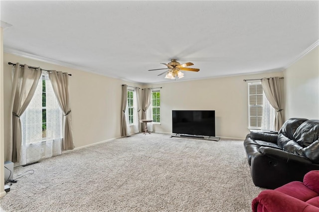 505 Luke Ct, Cranberry Twp, PA 16066 - carpeted living room featuring ornamental molding, healthy amount of natural light, ceiling fan, and baseboards