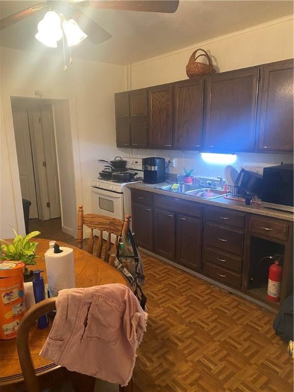 kitchen with white gas range, ceiling fan, and dark brown cabinetry