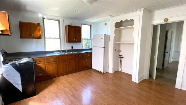 kitchen featuring brown cabinetry, light wood-type flooring, a sink, freestanding refrigerator, and black range with electric cooktop